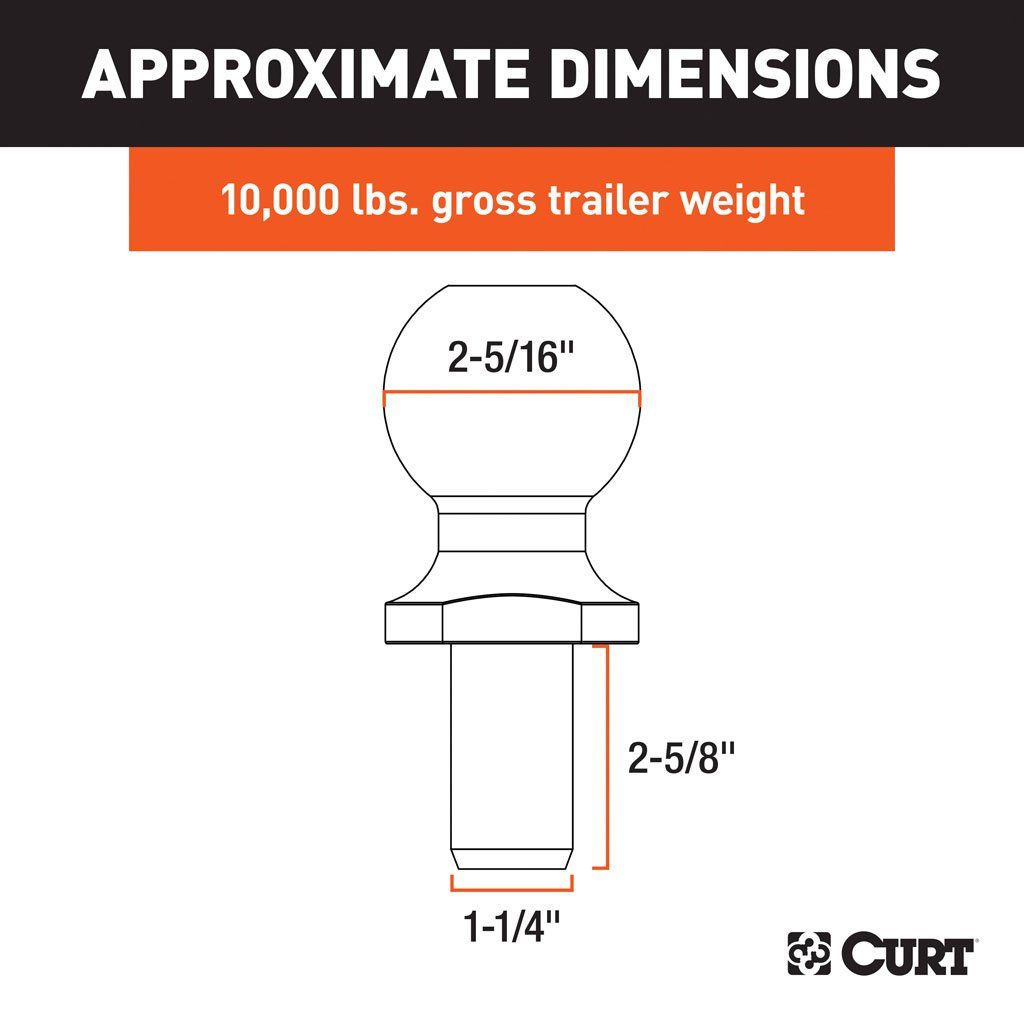 Curt, 2-5/16" Trailer Ball (1-1/4" X 2-5/8" Shank, 10,000 Lbs., Chrome)