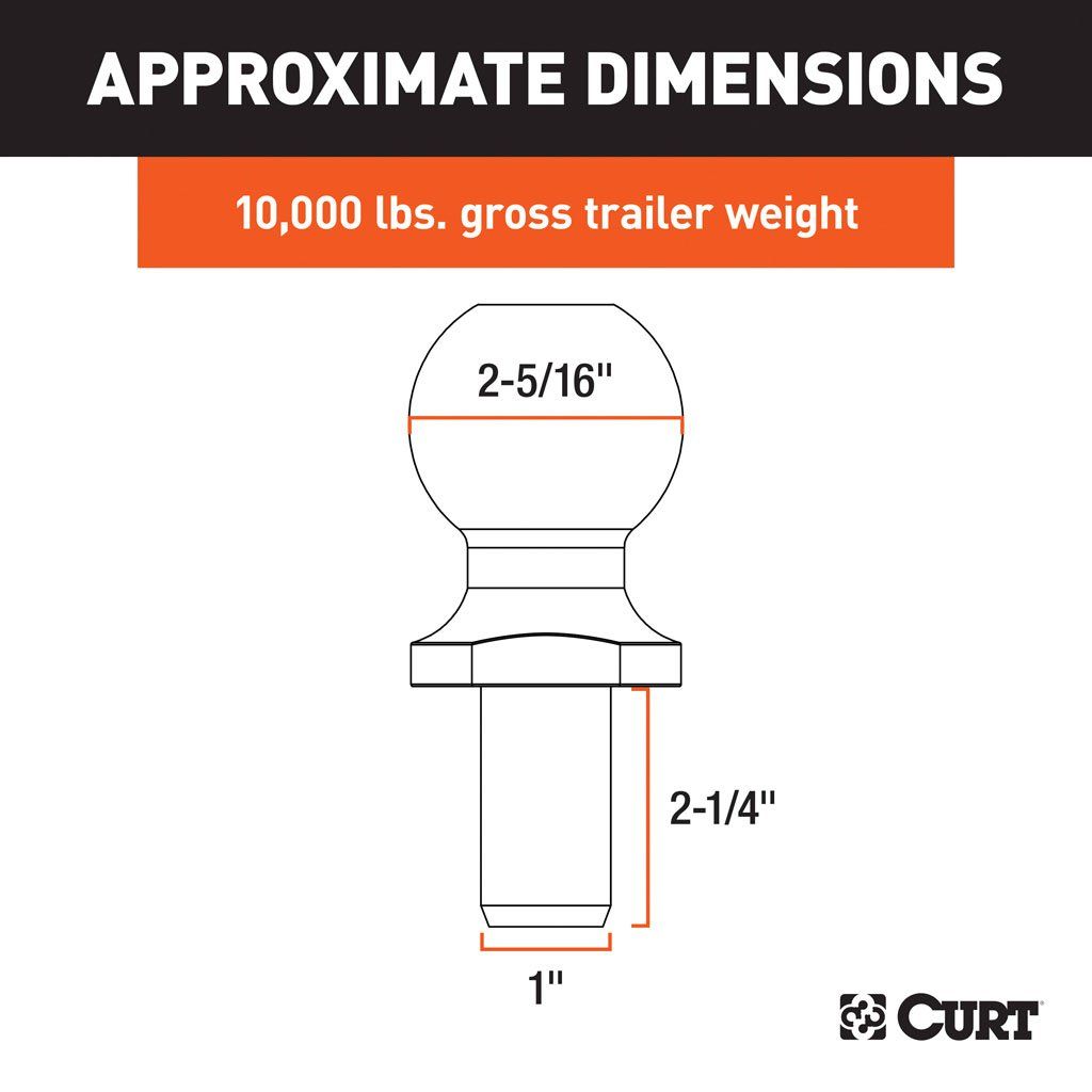 Curt, 2-5/16" Trailer Ball (1" X 2-1/4" Shank, 10,000 Lbs., Chrome)