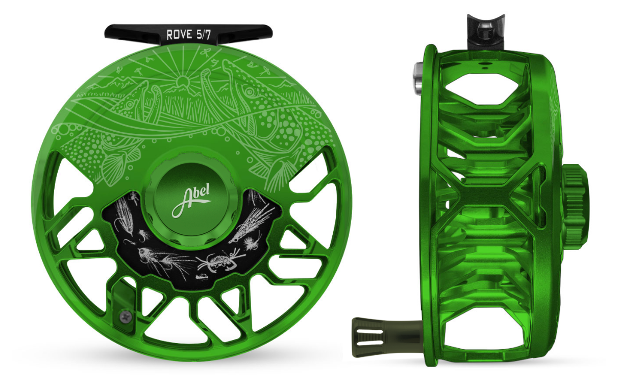 Abel Reels, Abel Rove Fly Reel - Custom 5/7 Grass Green Underwood Drift - Freshwater Flies Drag Plate - Deep Green Handle