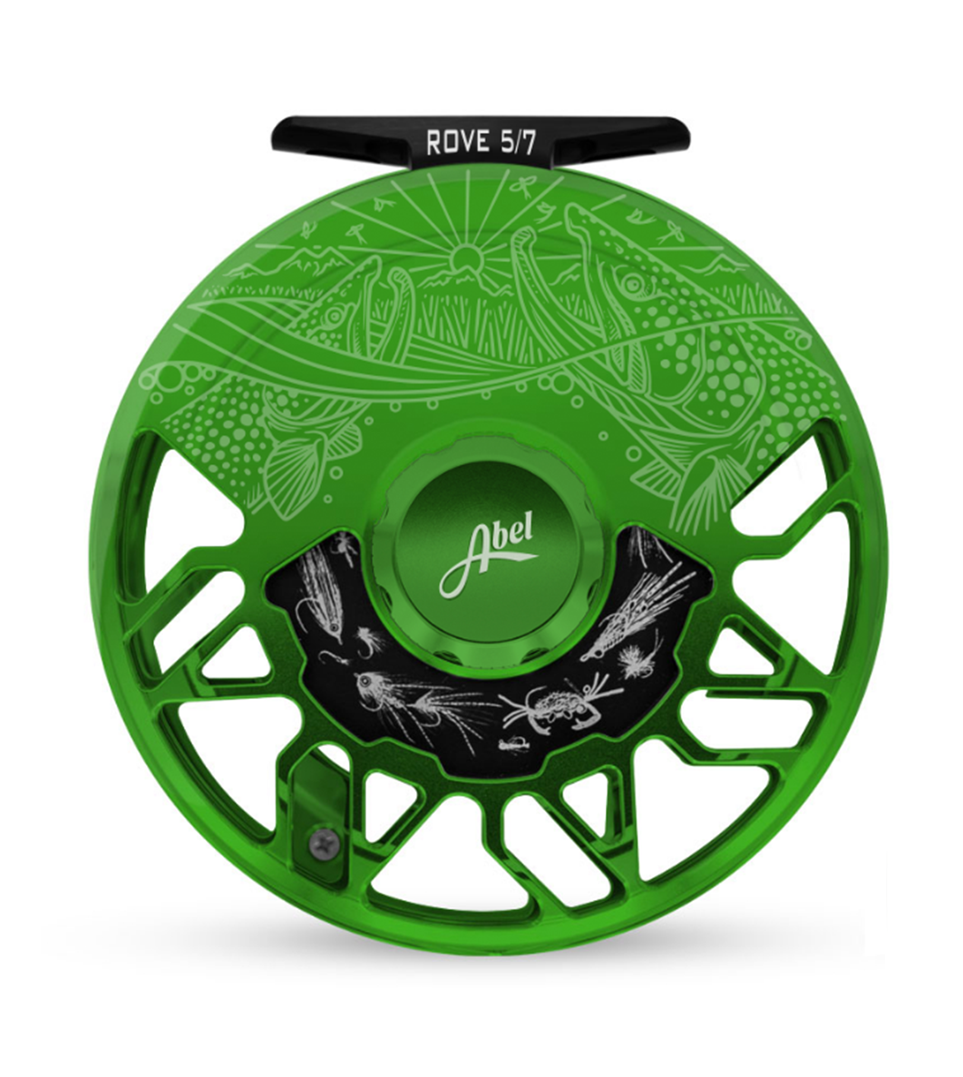 Abel Reels, Abel Rove Fly Reel - Custom 5/7 Grass Green Underwood Drift - Freshwater Flies Drag Plate - Deep Green Handle